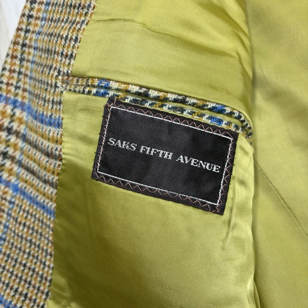 VTG 60s Saks Fifth Avenue British Wool Tweed Prince Of Wales Blazer Mens 40R